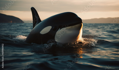 sunset photo of killer whale in its natural habitat. Generative AI