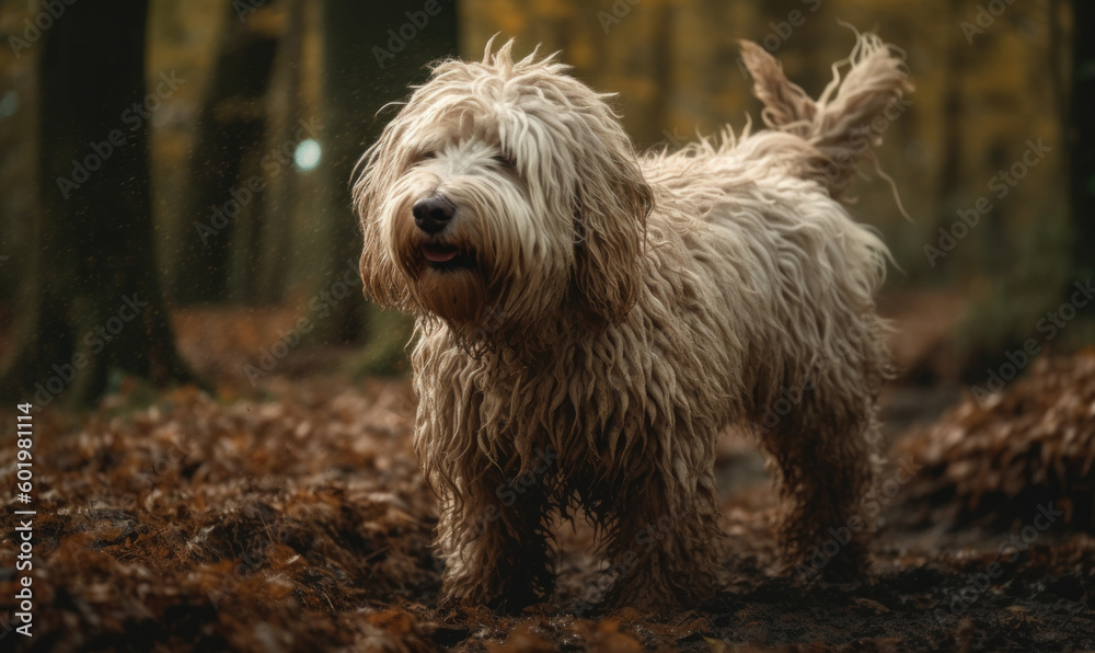 photo of komondor dog standing on a forest path. Generative AI