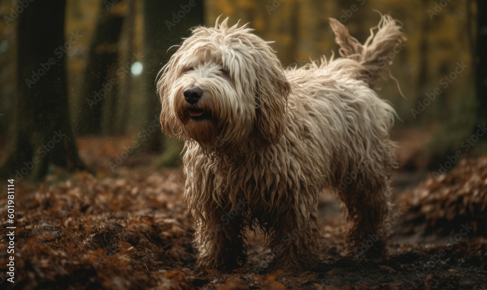 photo of komondor dog standing on a forest path. Generative AI photo of komondor dog standing on a forest path. Generative AI