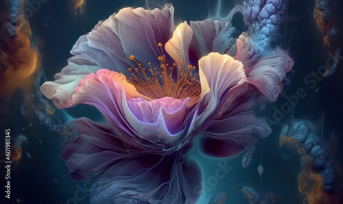 A beautiful drawn bright color flower coming out of the dark.flower on a dark background. Design for walls, photo wallpapers, wallpapers, photo wallpapers, postcards, postcards. Generative AI © Margo_Alexa
