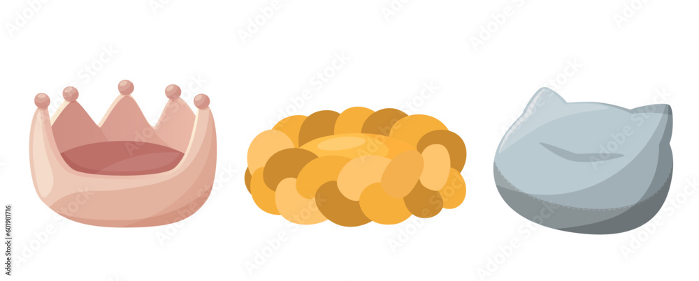 A set of beds for a pet, dog or cat. Flat vector illustration of pet supplies. Objects isolated on white background, cartoon style. Blue, yellow, pink colors A set of beds for a pet, dog or cat. Flat vector illustration of pet supplies. Objects isolated on white background, cartoon style. Blue, yellow, pink colors