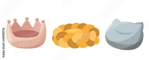 A set of beds for a pet, dog or cat. Flat vector illustration of pet supplies. Objects isolated on white background, cartoon style. Blue, yellow, pink colors