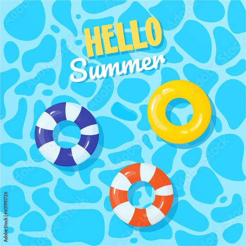 Hello summer card. Lifebuoys in blue pool water
