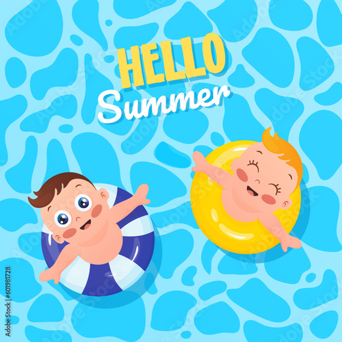 Hello summer card. Children swimming in pool with lifebuoy in blue pool water. 