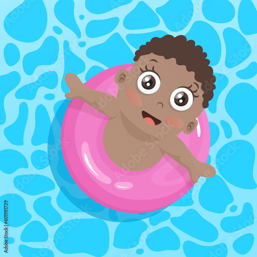 Black child swimming in pool with pink lifebuoy in blue pool water