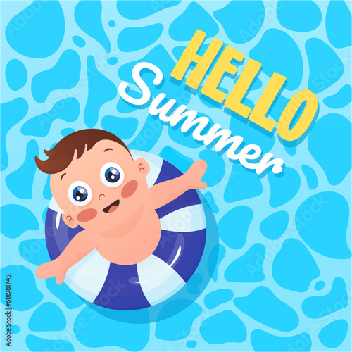 Child swimming in pool with lifebuoy in blue pool water