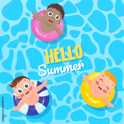 Hello summer card. Children swimming in pool with lifebuoy in blue pool water