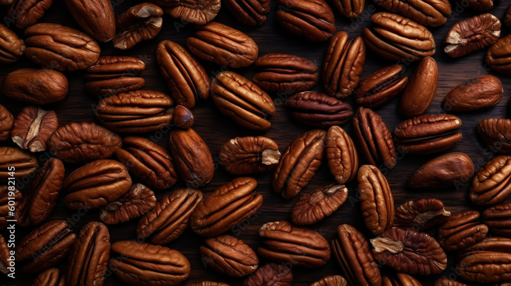 Dry organic Pecan Nuts top view background. Healthy nuts. Generative AI Dry organic Pecan Nuts top view background. Healthy nuts. Generative AI