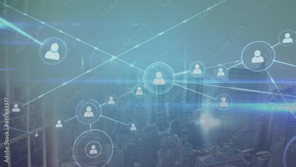 Animation of network of connections with people icons over cityscape Animation of network of connections with people icons over cityscape