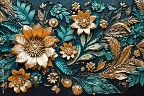 A colorful floral pattern on a black background for wall decor. Generative AI