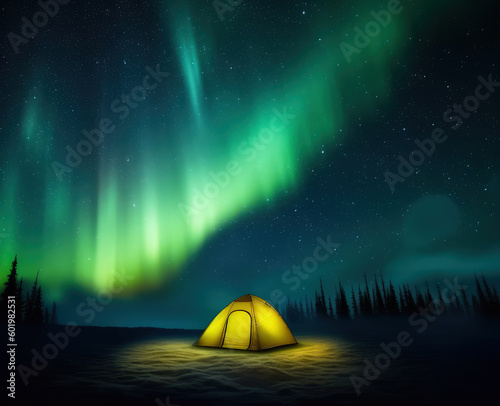 Aurora Sanctuary: Yellow Tent Under Dark Emerald and Cyan Northern Lights - Generative AI