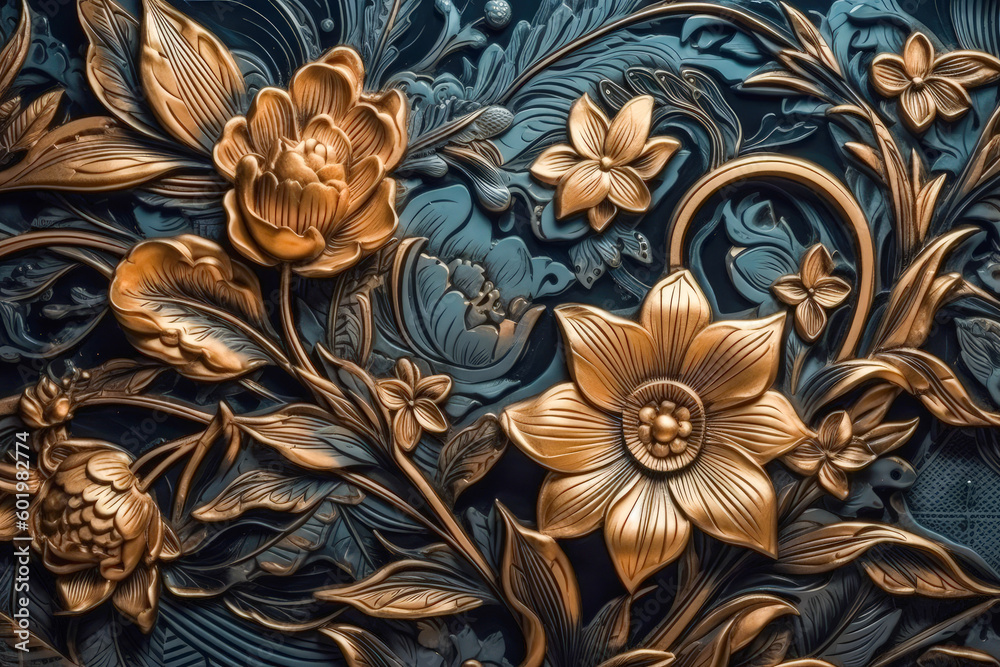 A detailed gold and blue floral patterned wallpaper for wall decor. Generative AI