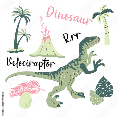 Cute dinosaur drawn as vector on white for kids fashion. Palm and volcano. Allosaurus.
