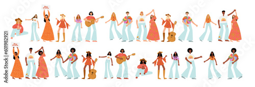 Groovy hippie clipart, People characters set, Young women and men in retro style clothing of 60s and 70s illustration, Multi-ethnic hitchhikers with guitar and luggage on a road trip vector clip art.