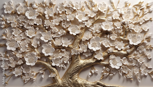 Fototapeta Naklejka Na Ścianę i Meble -  3d wallpaper abstract of white floral tree decor, colorful leaf and background. Decorative wall art. Generative AI