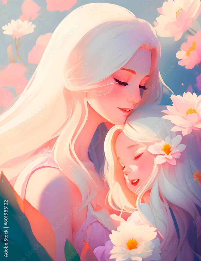 mother's day card, blonde mother and daughter in delicate colors, in pastel shades, generative ai