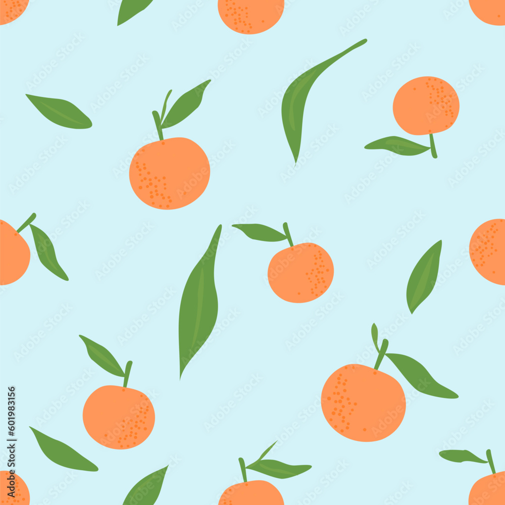 Seamless pattern with orange fruit with green leaves on blue background vector illustration. Cute fruit print. Seamless pattern with orange fruit with green leaves on blue background vector illustration. Cute fruit print.