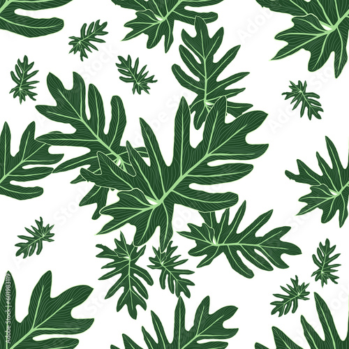 Seamless Pattern with Green Monstera tropical leaf on white background. Fabric texture.