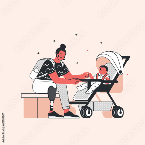 An African-American woman with a baby in a stroller on a stroll. Motherhood. Disability. Prosthetic leg.