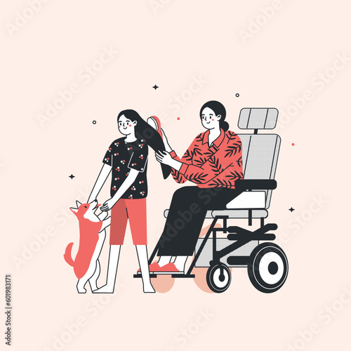 A woman mother in an electric wheelchair cares for her daughter. Disability. Life of the disabled.