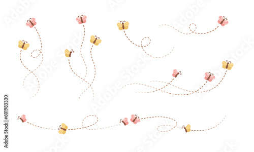 Flying Butterfly trail with dashed line route set. Nature Spring Summer Doodle Illustration Design Element