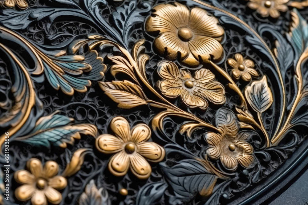 A 3d metal plate with intricate floral pattern as wall decor. Generative AI