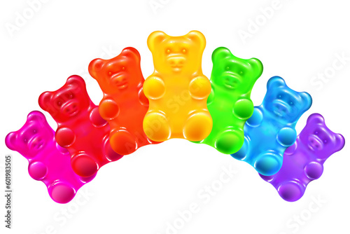 colored cartoon gummy bears of rainbow colors. bright jelly candies on a white background. greeting card. isolated vector illustration.