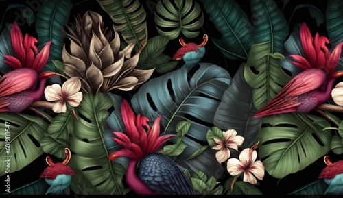 Tropical exotic seamless pattern with birds, monstera, hibiscuc, bromeliad, banana leaves, palm, colocasia. Hand-drawn 3D illustration. Good for production wallpapers, Generative AI © Vasudha
