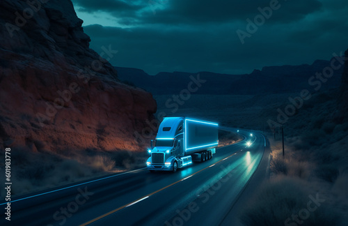 A modern truck on the road, dusk, neon blue lights, ai generative