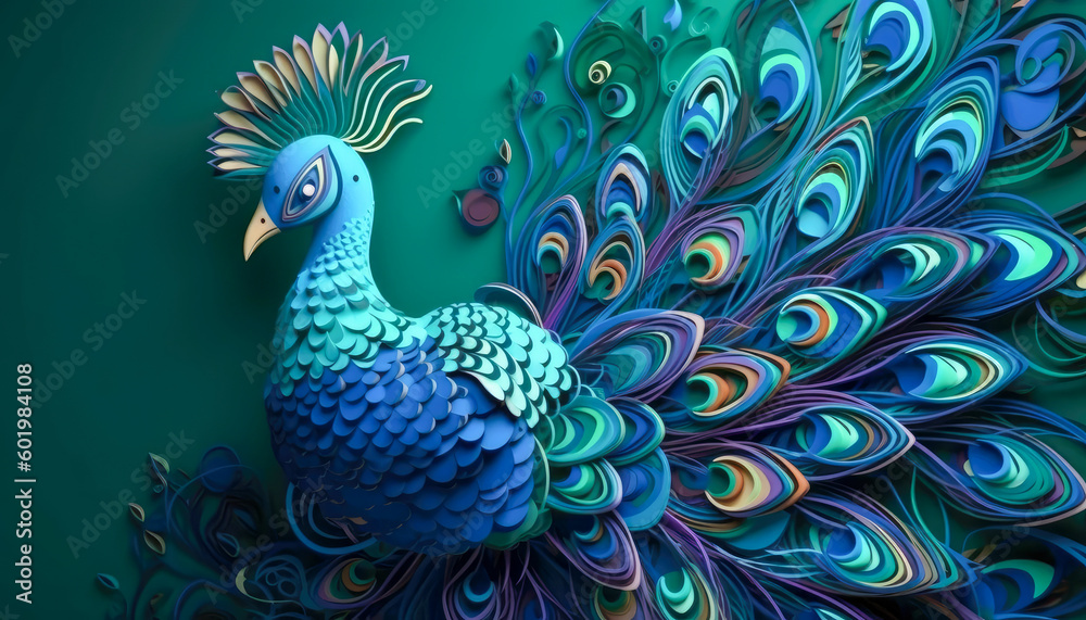 Fototapeta premium A 3d paper peacock decoration on a green wall with floral patterns. Generative AI
