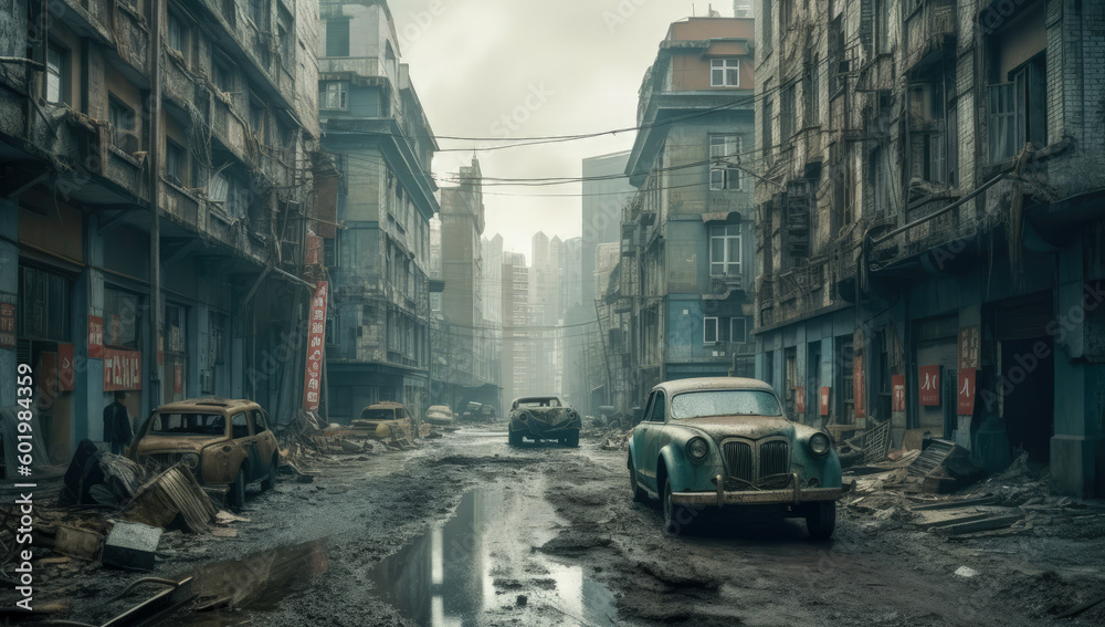 A post-apocalyptic street scene with abandoned cars and ruins. Generative AI