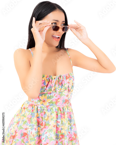 Joyful Asian lady in summer stand on white background Happy girl in dress excited Portrait young beautiful smiling female in trendy summer clothes Carefree happy woman wear sunglasses look blank space