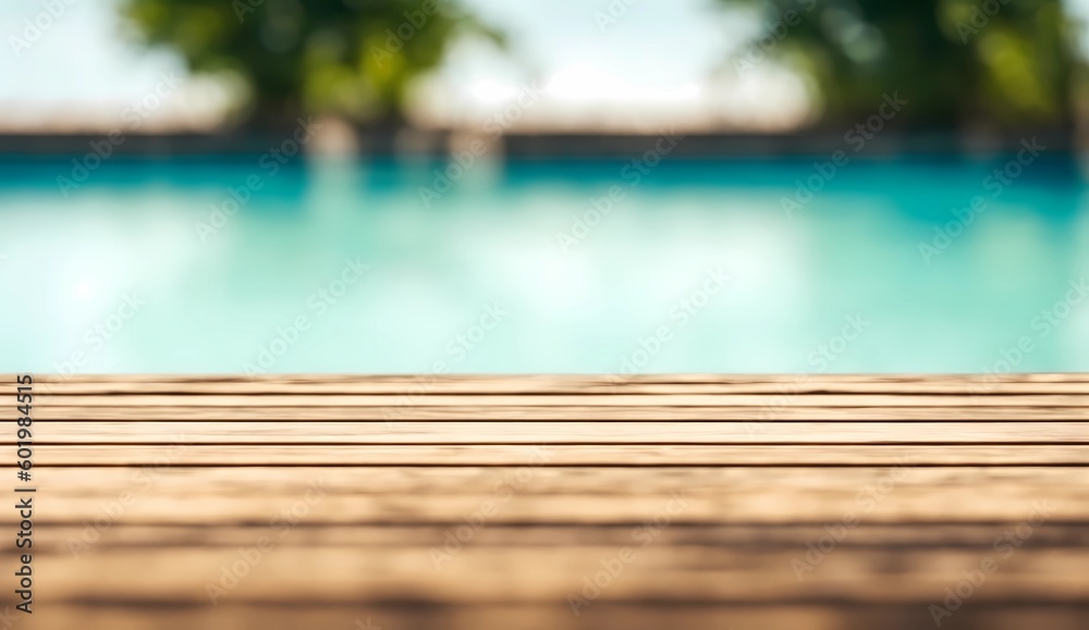 Wooden table top product stand on blur swimming pool background from Generative AI