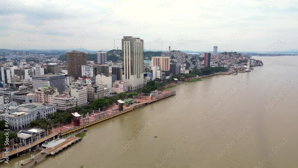 Aerial view of Malecon Simon Bolivar in Guayaquil, a recreational and tourist attraction place with landmarks, ferris wheel and walking space for local people and tourists.