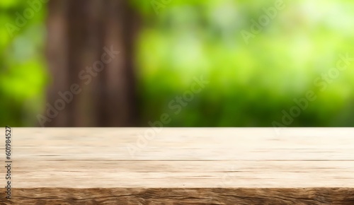 Wooden table top product stand on blur forest landscape background from Generative AI
