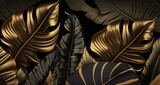 Tropical exotic seamless pattern with dark golden vintage banana leaves, palm and colocasia. Hand-drawn 3D illustration. Good for production wallpapers, cloth, fabric printing,  Generative AI