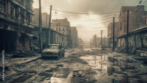 A post-apocalyptic street with a parked car in ruins. Generative AI