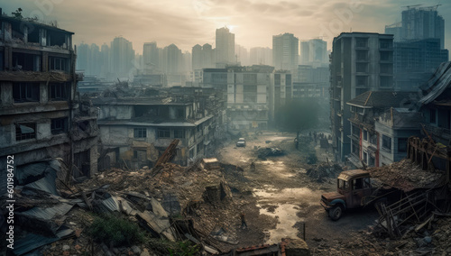 A post-apocalyptic city in ruins with debris and destroyed buildings. Generative AI
