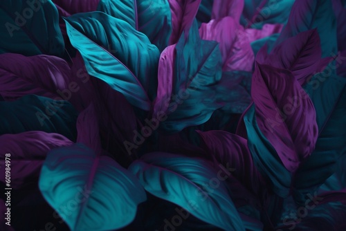 purple exotic plant layout tropical night leaf background neon art jungle. Generative AI.