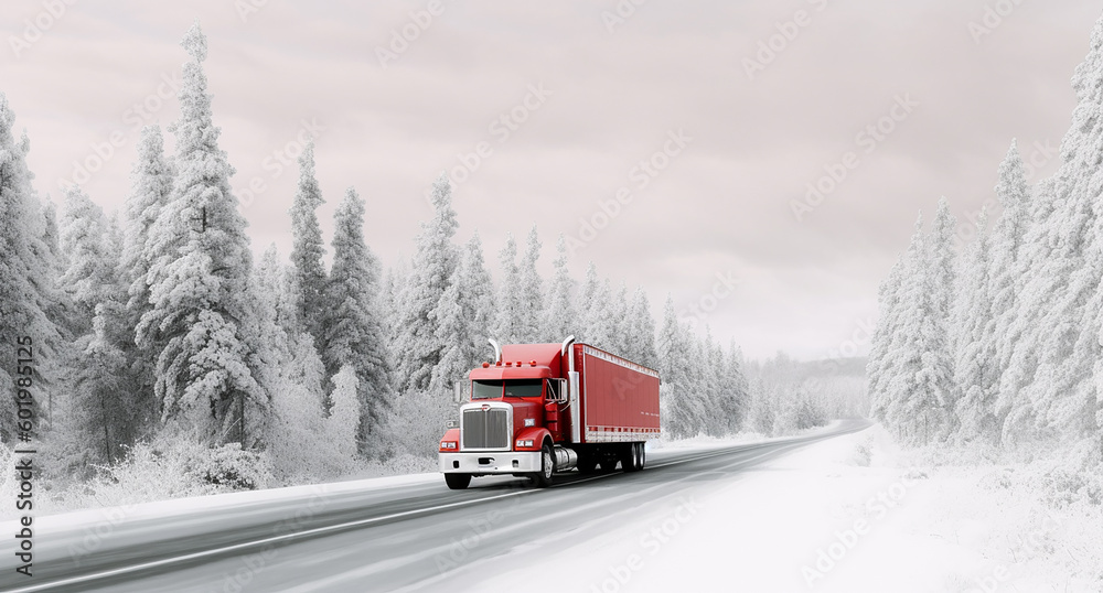 Red truck driving through snowy road, copy space, ai generative Red truck driving through snowy road, copy space, ai generative