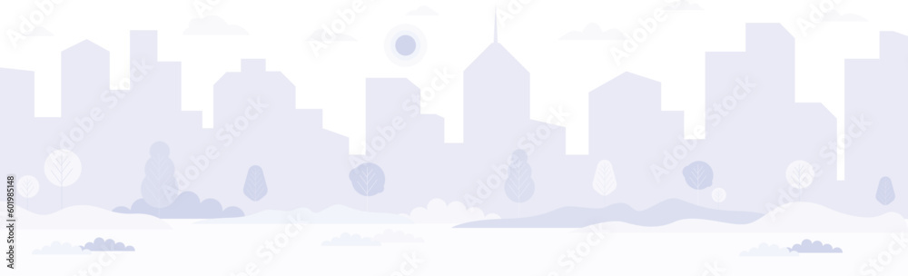 Light purple monotonous cityscape background. City buildings and trees panorama view. Monochrome urban landscape with clouds hovering in the sky. Modern architectural flat style vector illustration.