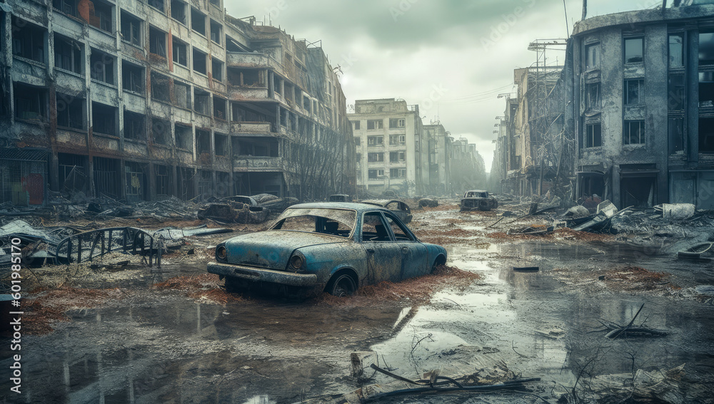 An abandoned car in a desolate post-apocalyptic street. Generative AI
