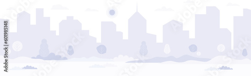 Light purple monotonous cityscape background. City buildings and trees panorama view. Monochrome urban landscape with clouds hovering in the sky. Modern architectural flat style vector illustration.