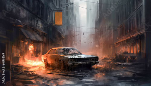 An abandoned car on a desolate street after a catastrophic event. Generative AI