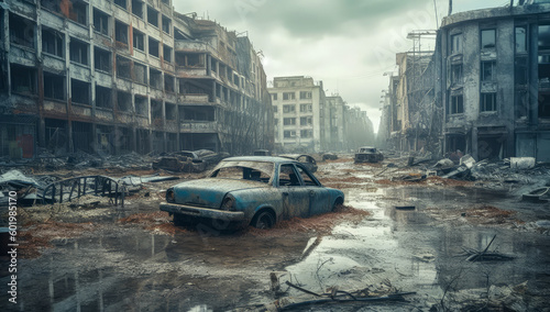 An abandoned car in a desolate post-apocalyptic street. Generative AI