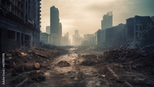 A desolate dirt road surrounded by ruins of tall buildings in a post-apocalyptic world. Generative AI