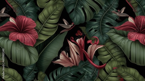 Tropical exotic vintage seamless pattern with red hibiscus, colibri, banana leaves, palm, colocasia. Hand-drawn 3D illustration. Good for production wallpapers, cloth, fabric printing, Generative AI © Vasudha