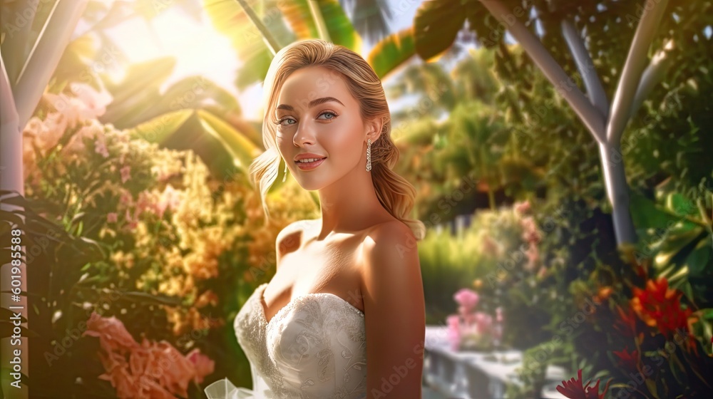 Painting of Happy bride in wedding dress smiling in garden wedding magic realism, Generative AI Painting of Happy bride in wedding dress smiling in garden wedding magic realism, Generative AI