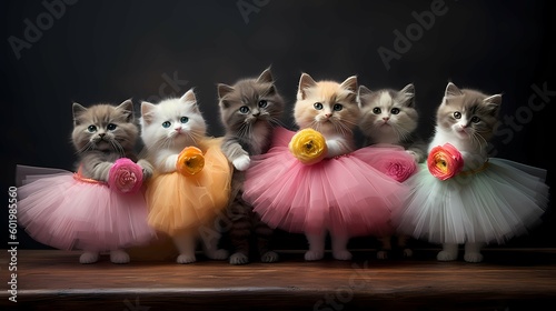 Cute fluffy kittens posing dressed in the tutu. Generative AI