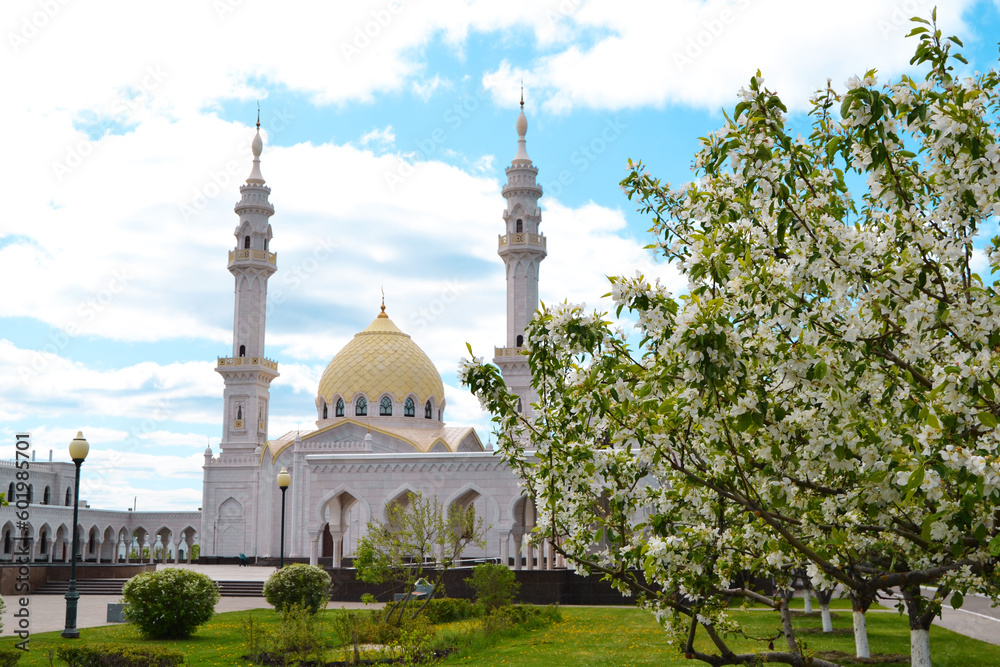 The White Mosque in Bolgar, with an apple orchard. UNESCO World Heritage Site in Tatarstan, Russia.